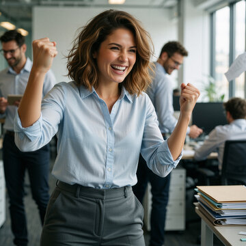 Confident youthful woman shouting yes with triumphant fist pump in modern office, beaming with wide grin and bright eyes.