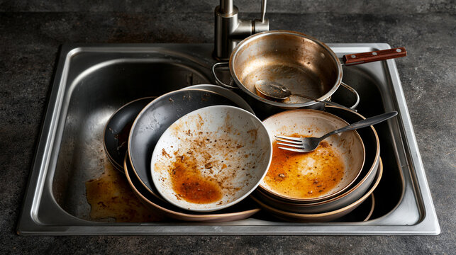 Dirty dishes and cutlery piled in a stainless steel kitchen sink. Perfect for home chores and lifestyle cleaning.