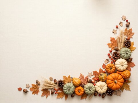 Autumn harvest border with pumpkins, leaves, pinecones and acorns, thanksgiving concept, copy space