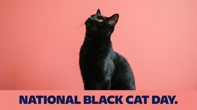 A black cat looks upwards against a coral colored background celebrating national black cat day blackcat feline domesticcat housecat panther ebony coal