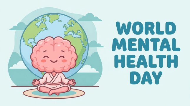 A pink human brain character sits in a meditative pose before a globe and text reading world mental health day cerebrum neuroscience