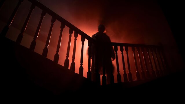 Silhouette of a mysterious figure standing on a dark staircase in a spooky house