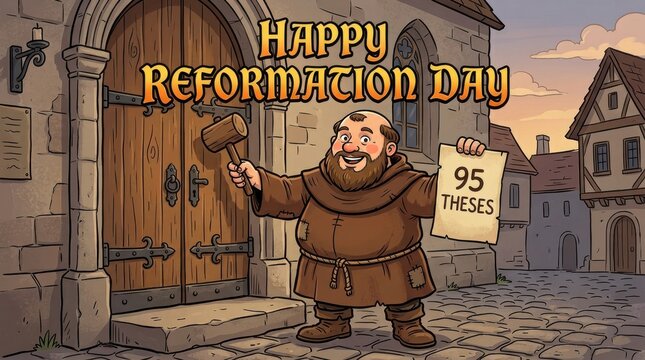 A cartoon monk holds a hammer near a wooden door with reformation day text above a townscape friar religious historical protestant wood