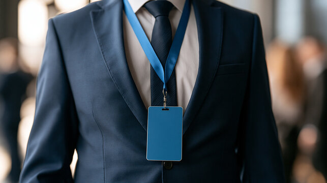 Businessman in a suit wearing a blank blue ID badge lanyard. Professional corporate identity concept for networking.