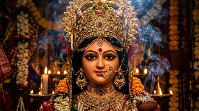 A close up photograph depicts a richly adorned durga idol during a hindu religious ceremony with flickering candlelight and incense smoke statue