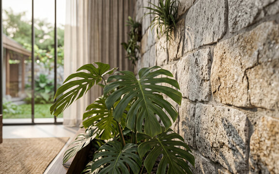 Monstera plant beside a rough textured stone wall in a bright interior space