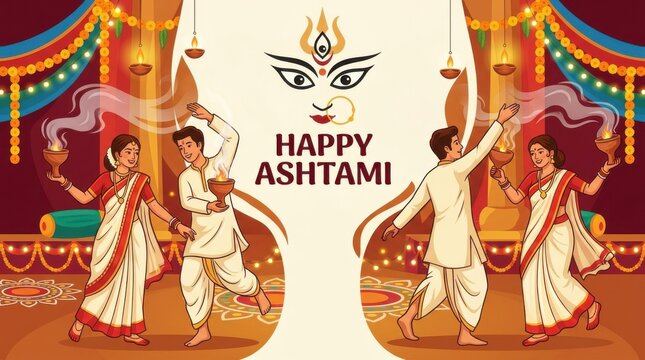 Traditional figures celebrating ashtami festival are depicted in a vibrant vector illustration with decorative elements celebration durga puja indian culture attire art