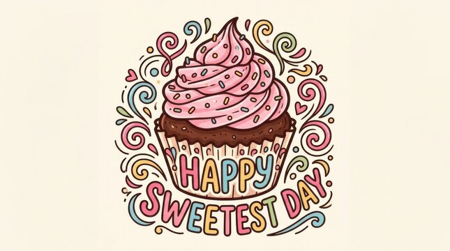 A detailed vector illustration showcases a frosted cupcake surrounded by decorative swirls and the text happy sweetest day frosting sweetness dessert bakery