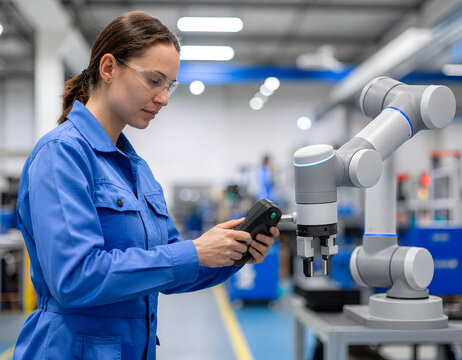 Moderner kollaborativer Roboterarm wird von einem Techniker sicher von Hand gef&uuml;hrt