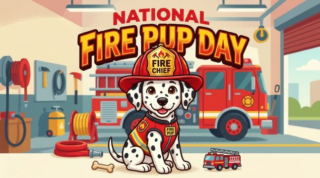 Dalmatian puppy wearing a firefighter helmet sits near a fire truck in a vector illustration firetruck fireengine dog canine spotty cartoon character mascot