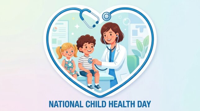 Vector illustration depicts a heart shaped scene with a doctor examining two children promoting national child health day healthcare pediatric medical physician toddler