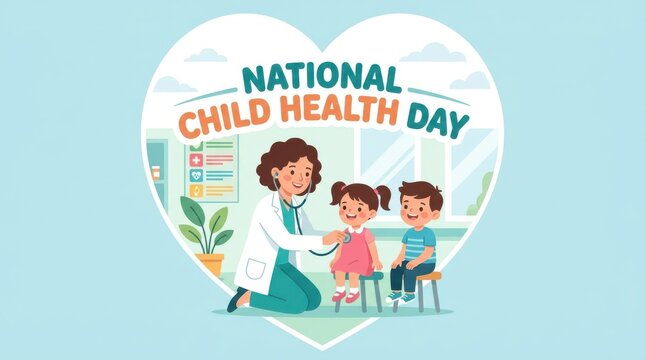 Vector illustration depicts a heart shaped scene with a doctor examining two children promoting national child health day healthcare pediatric medical physician toddler