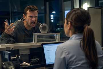 Fototapeta premium Angry customer shouting at a protected service employee behind a glass partition, portraying workplace aggression, frontline worker safety and customer service conflict at night. 
