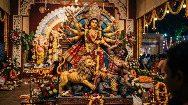 A detailed depiction of goddess durga with lion and other figures during a festive celebration hinduism deity divinity worship festival puja religious tradition