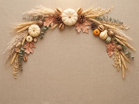Autumn harvest composition with pumpkins, wheat, and dried leaves, thanksgiving concept, copy space