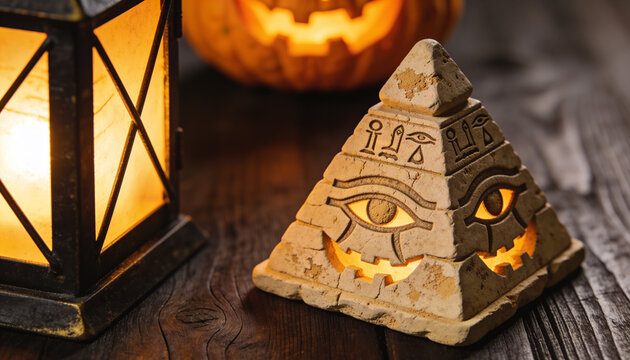 Halloween egyptian pyramid lantern decor, spooky glowing horus eye carved stone, ancient pharaoh mystical light ornament, jack o lantern dark room decoration, festive autumn season table display.