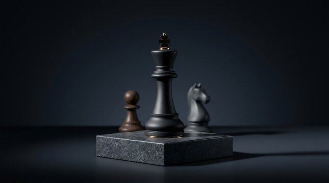 Black chess king with gold crown on stone pedestal with blurred chess pieces