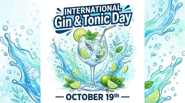 Watercolor illustration depicts a gin and tonic cocktail garnished with lime and mint beverage drink refreshment alcohol spirited citrus garnish glassware stemware bubbles