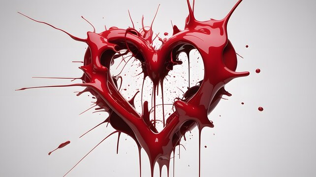 Abstract red heart shape formed by liquid paint splashes and drips on a clean white background