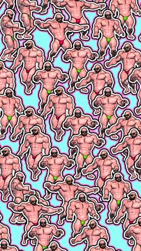 Seamless funny vertical video of sketch bodybuilders dancing on a light blue background.Zine culture comic video loop. summer cartoon concept backdrop.