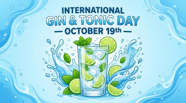 A glass of gin and tonic with limes and mint is depicted in a vibrant vector illustration cocktail beverage lime glassware drink refreshment