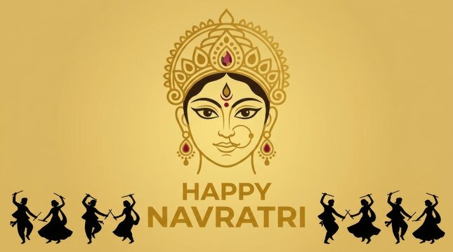 Illustration of a goddess face with dancers below celebrates the Navratri festival divinity deity hinduism celebration silhouettes ornament headpiece jewels ruby gold vector