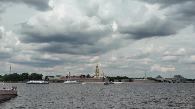 Peter and Paul Fortress Across Neva River Under Dramatic Sky, Saint Petersburg, Russia