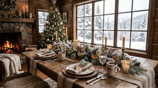 Festive holiday table set in rustic cabin with snowy window