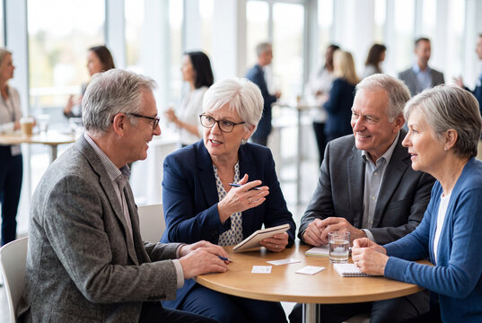 Senior adults group discussion and networking meeting for community workshop background and collaborative business planning