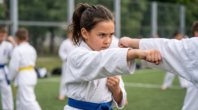Young girl practicing karate outdoors on a sports field for kids martial arts training and youth sports banner