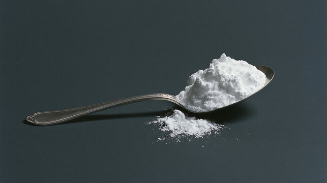 A spoonful of white powder against a dark background. Perfect for baking, chemical, or pharmaceutical ingredient.