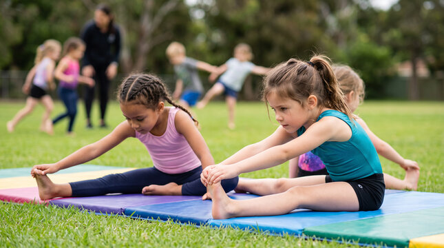 Young schoolchildren stretching on mats during outdoor gymnastics class for fitness poster and kids activity background