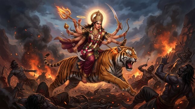A multi armed goddess rides a tiger amidst a chaotic fiery battle scene durga hinduism deity divine warfare mythology religious spiritual sacred powerful