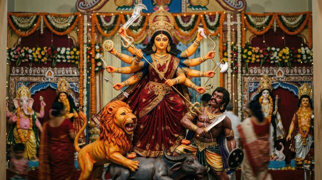 A depiction of goddess durga riding a lion is showcased within a vibrant hindu temple setting hinduism deity divinity worship mount vehicle mythology