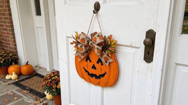 A decorative pumpkin face wall hanging displayed on a white front door to celebrate the autumn season and the festive helloween holiday