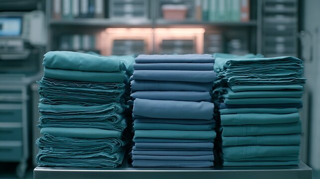 Stacks of clean surgical scrubs on a table in a hospital operating room. Medical preparation and clinical hygiene.