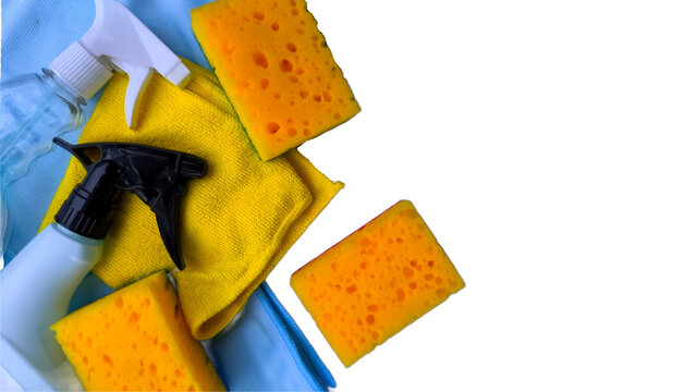 Cleaning spray bottle yellow sponges and microfiber cloths set on white background.