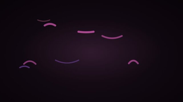 Abstract neon curved lines on dark background, glowing purple geometric shapes, minimalist motion graphics for video overlays