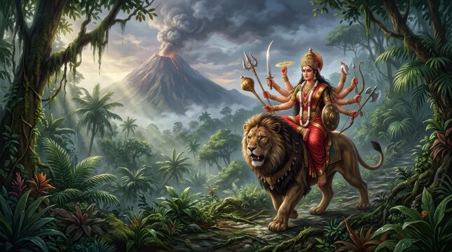 Durga riding a lion amidst a lush jungle and volcanic landscape is a detailed digital painting goddess hinduism mountains volcano tropical forest divinity
