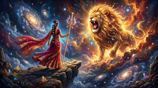 A woman holding a trident stands before a roaring lion amidst a galactic cosmic landscape female figure leo feline predator roar spear weapon