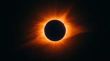 Naklejka premium Total Solar Eclipse with Bright Glowing Golden Sun Corona Isolated on Dark Black Background