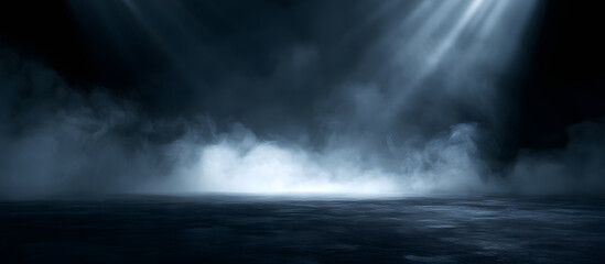 Obraz premium A stark, dark room with smoke, rays, and a glow on the walls creates the ideal setting for a copy space image.