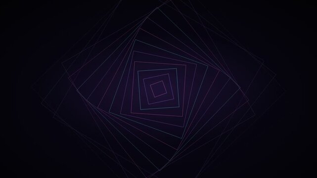 Abstract geometric tunnel with rotating purple squares, hypnotic neon line animation, dark futuristic motion background for music visuals