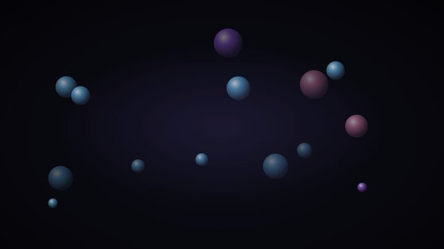 Abstract floating spheres in dark space, 3D blue and purple bubbles background, cinematic motion graphics for tech presentations