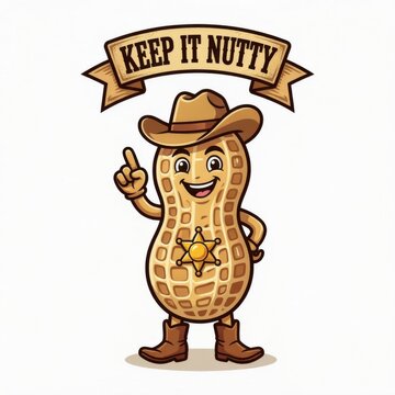 Cartoon peanut character giving thumbs up with cowboy hat and keep it nutty banner