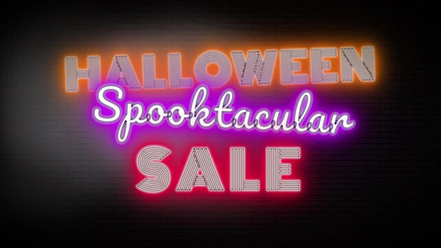 Glowing neon sign animating Halloween Spooktacular Sale text on dark background