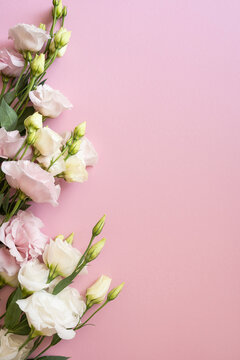 Pink lisianthus flowers on soft vertical pink background for Breast Cancer Awareness Month campaign and greeting card
