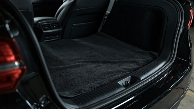 Open empty trunk of a modern black luxury car. Useful for transport logistics and automotive cargo space concepts.