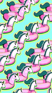 Seamless funny vertical video of sketch unicorn inflatable rings on a light blue background.Zine culture comic video loop. summer cartoon concept backdrop.