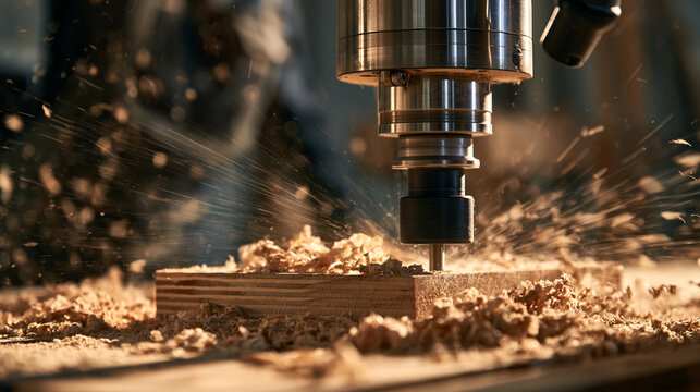 CNC machine carving wood with flying chips in a workshop. Industrial manufacturing concept for precision craftsmanship.